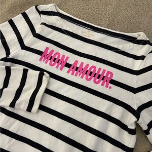 Kate Spade Black White Striped Hot Pink Mon Amour Top Cotton Long Sleeve Tee M
